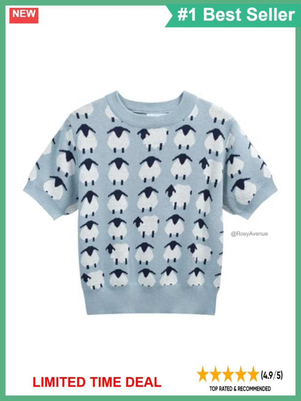 OXKNIT Women's Knitted T-Shirt Short Sleeve Mod Style Sheep Pattern Crewneck